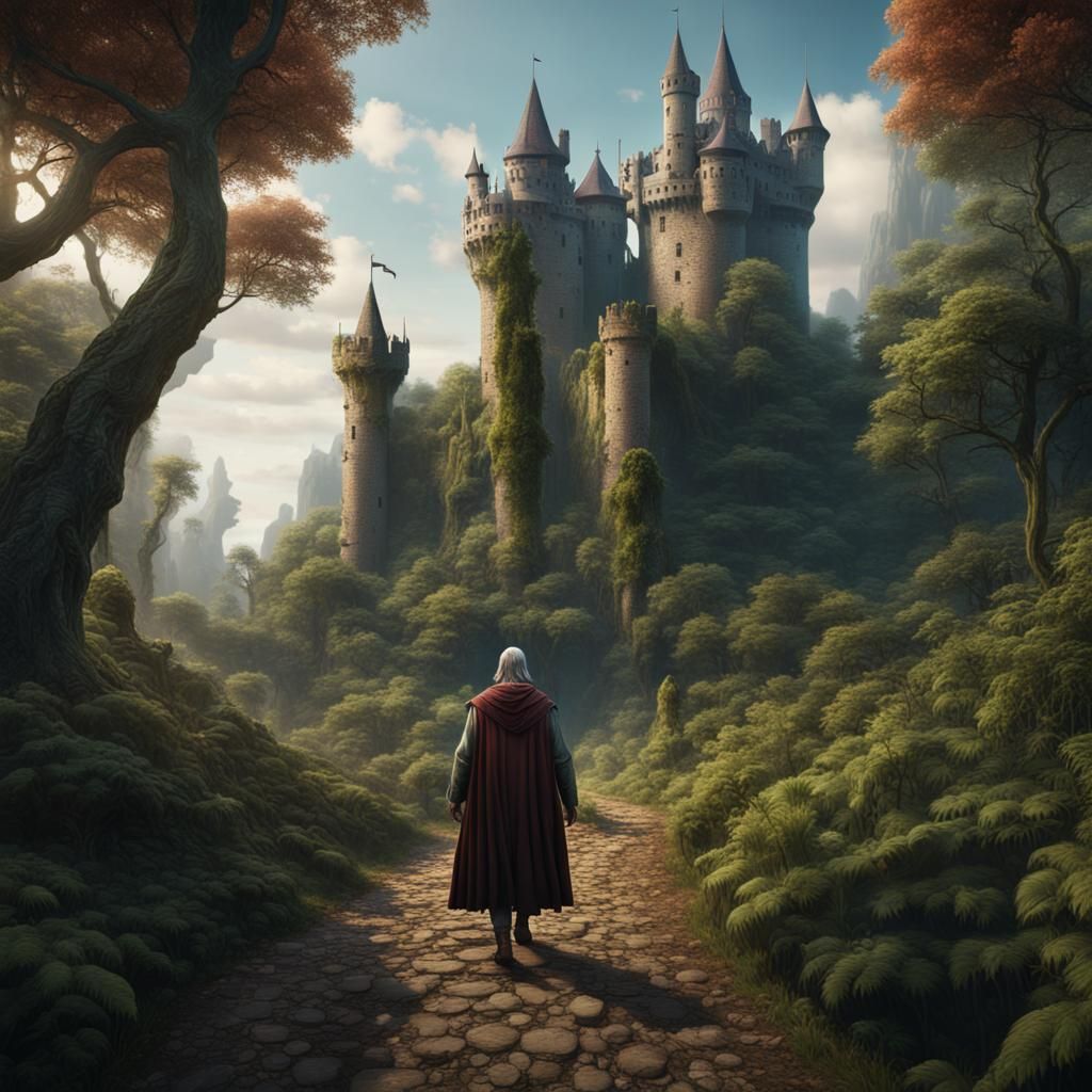 Medieval Man's Forest Quest for Mythical Castle