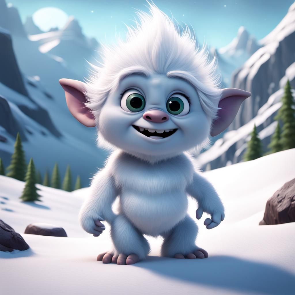 Cute White Yeti Cub in Cartoon 3D Style