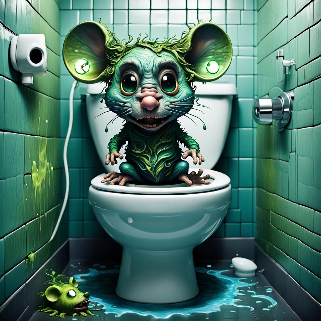 Angry Chibi Mouse on Toilet in Psychedelic Art