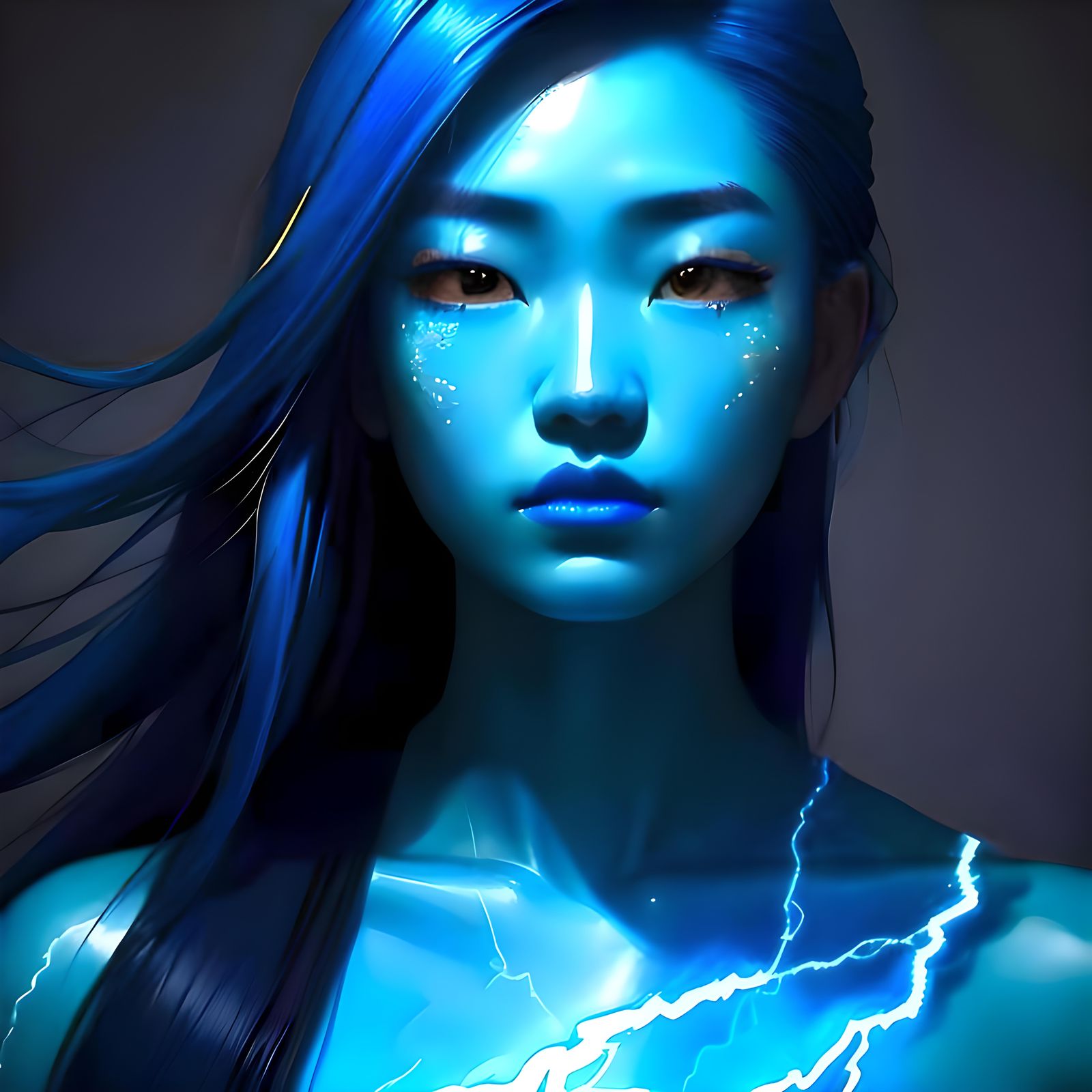 Electric Blue Asian Portrait in Oil Painting Style
