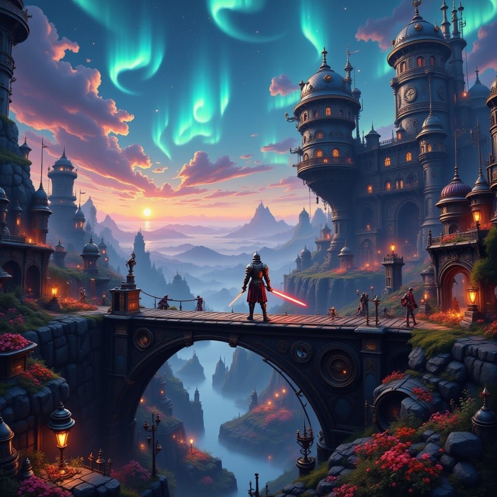 A lone knight in ornate, steam-powered armor, wielding a glo...