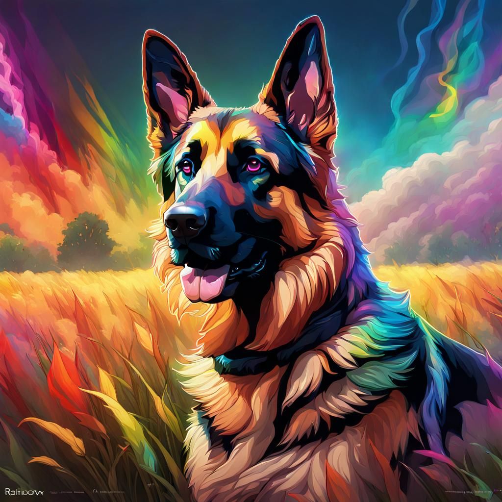 German Shepherd Portrait with Rainbow Smoke