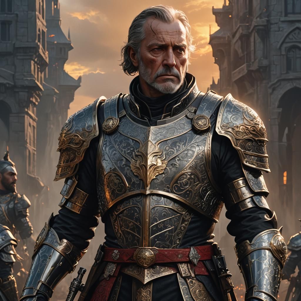 General Thorne: Gleaming Armor in Fantasy Landscape