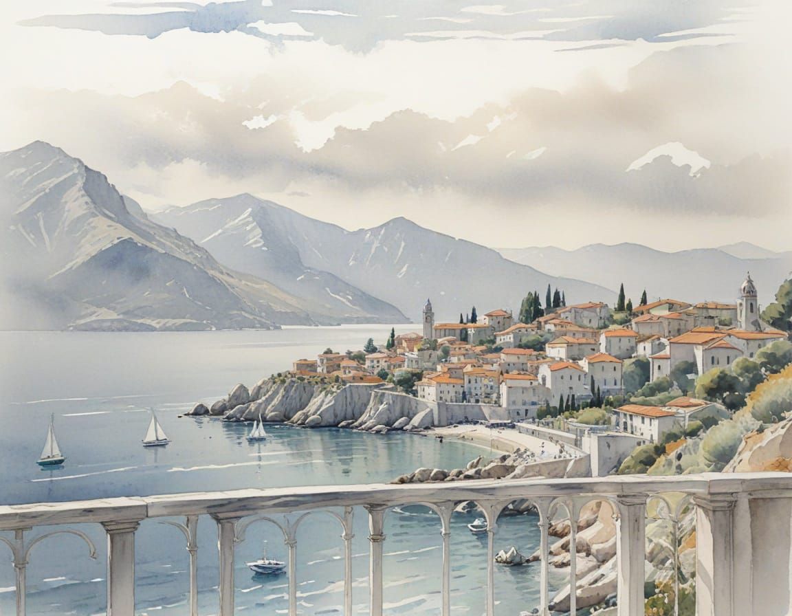 Adriatic Sea View Watercolor Sketch with Sailboat