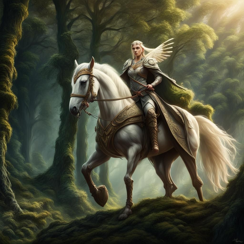Elven Warrior on Pegasus in Epic Forest
