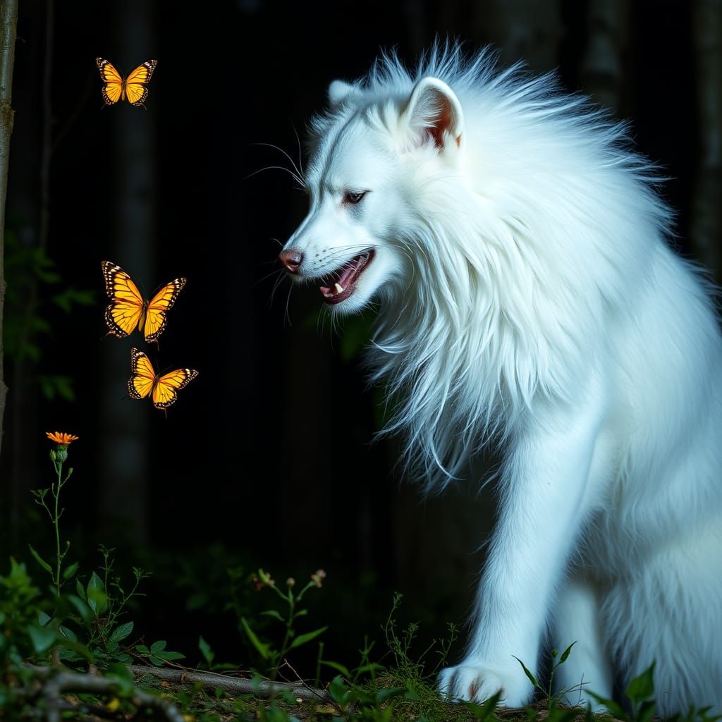 Werewolf-Angora Cat Hybrid Chasing Butterflies