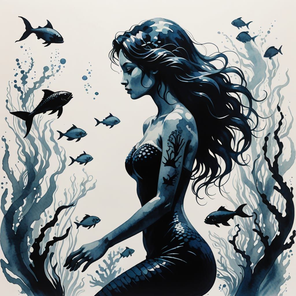 Sensual Mermaid Silhouette in a Minimalist Aquarium Scene