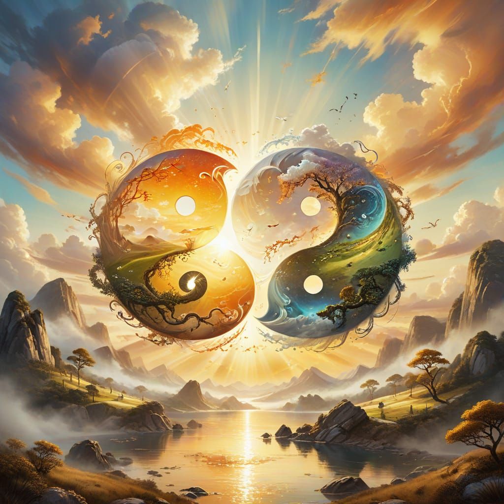 Magical Landscape with Yin Yang Symbols in Digital Painting