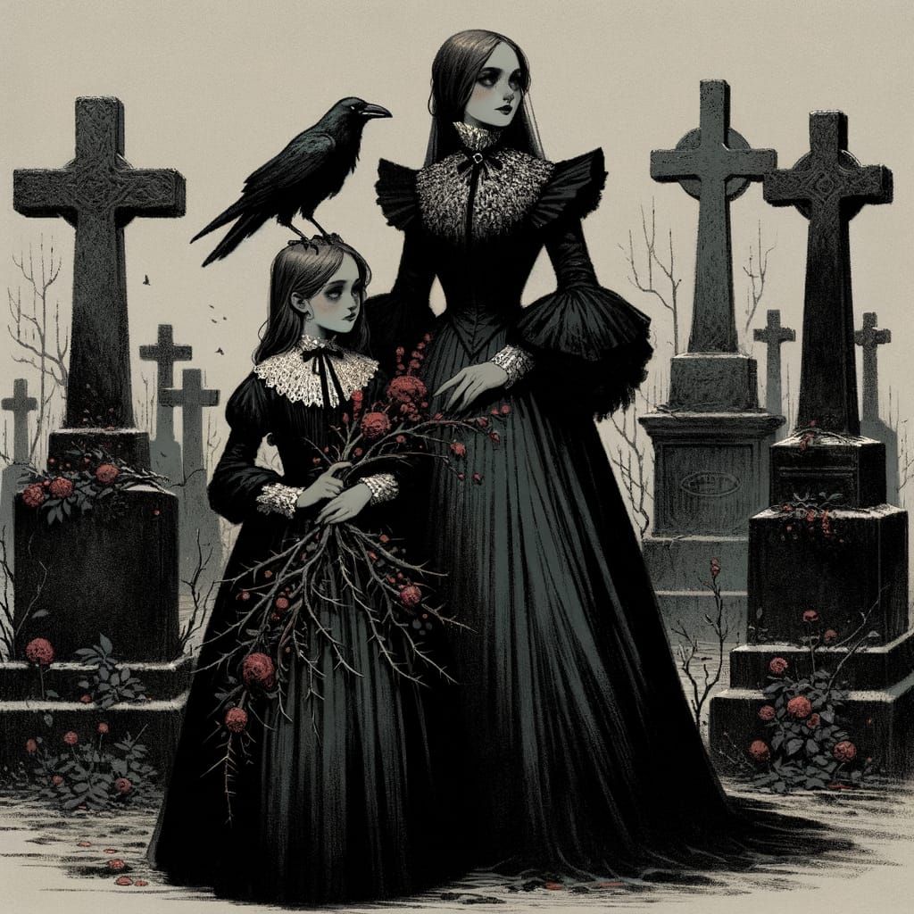 Gothic Cemetery Scene with Figures in Mourning