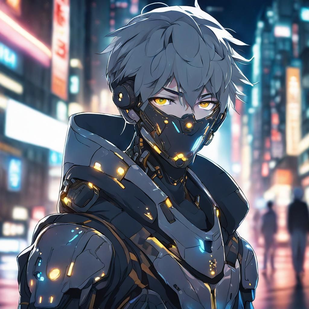 Cyborg Boy in Cyberpunk City, Anime Style