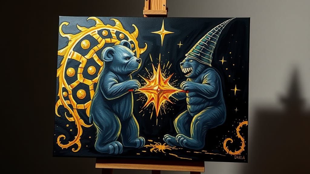 painting on an easel, a pitch black 
gummy bear wizard battl...