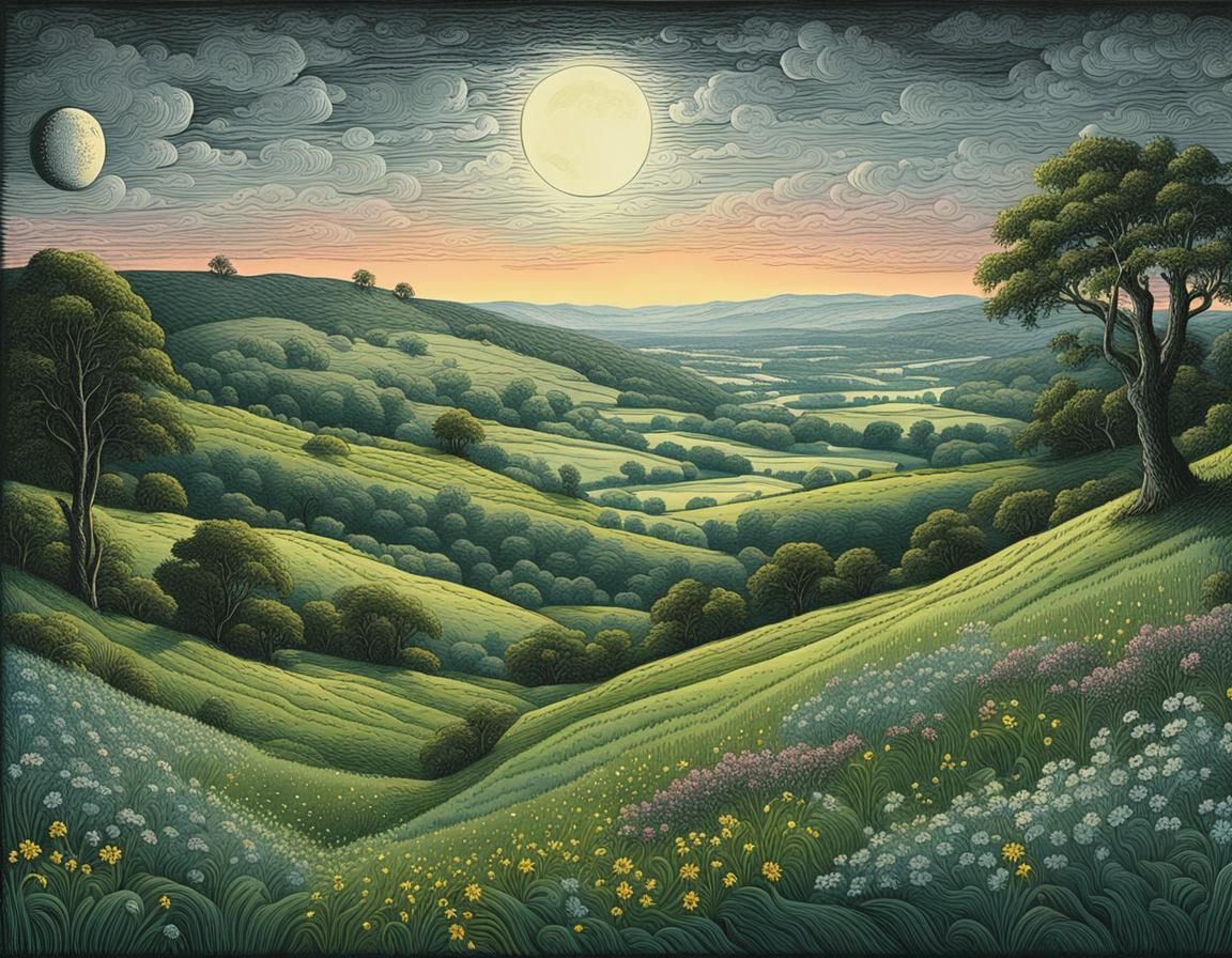 Lush Valley with Moon, Woodcut Engraving Style