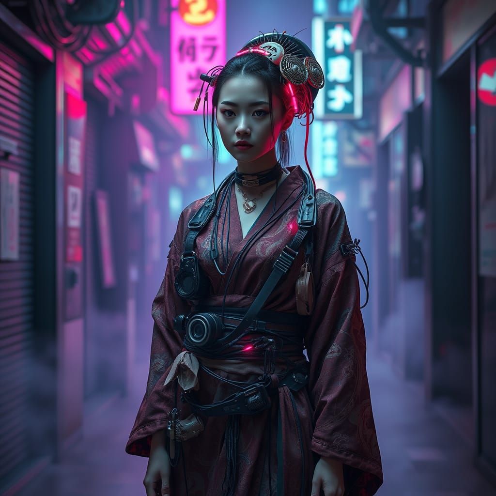 Cyberpunk Geisha in Neon Alleyway, Blade Runner Style