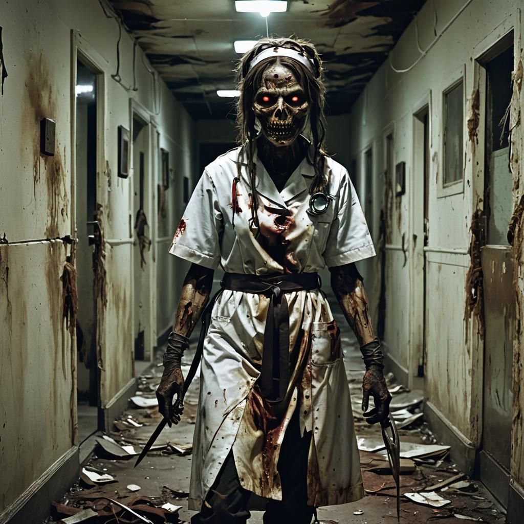 Macabre Gothic Horror: Zombie Nurse in Asylum, 8K