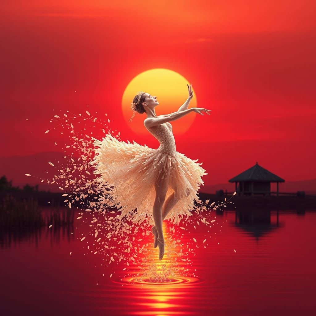 Surreal Ballerina Dances into Sunset, Composed of Rice Grain...