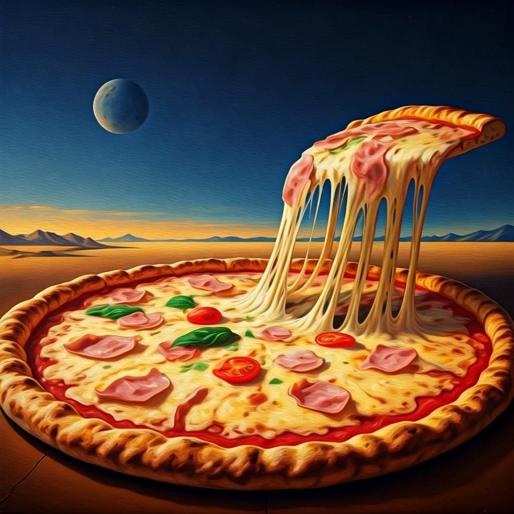 Surreal Pizza in Salvador Dali Style Oil Painting