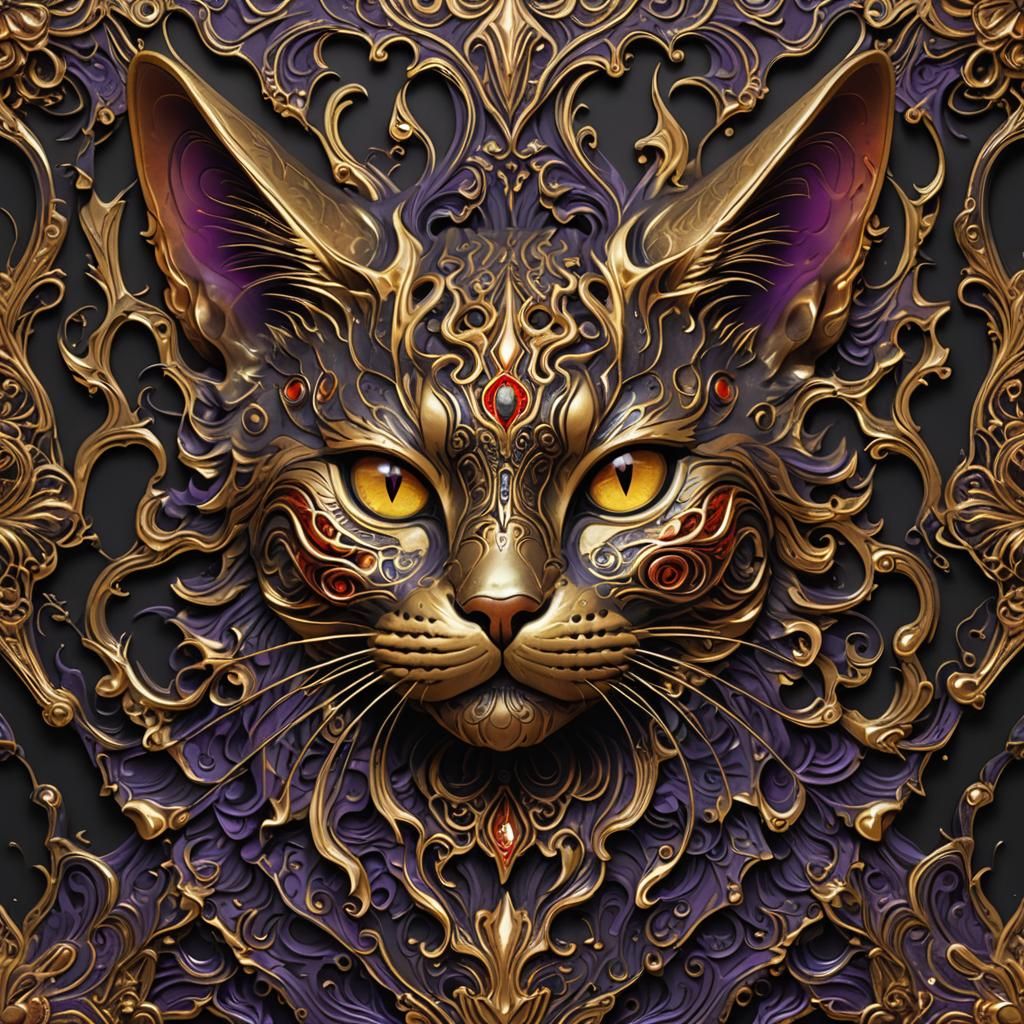 Cat face, gold color. Decorated with the art of the alien pattern, promxquisite