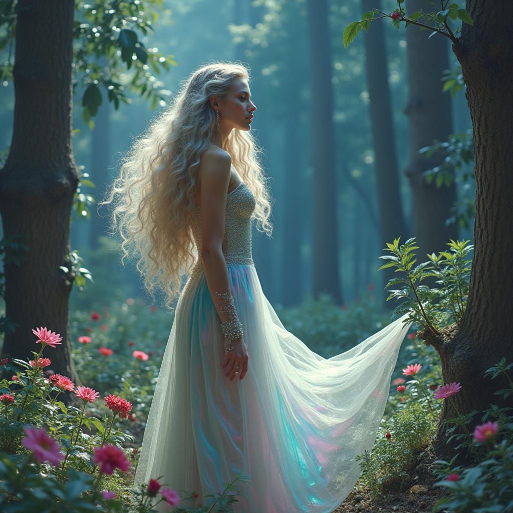 Ethereal Woman in Cosmic Forest, Futuristic Art