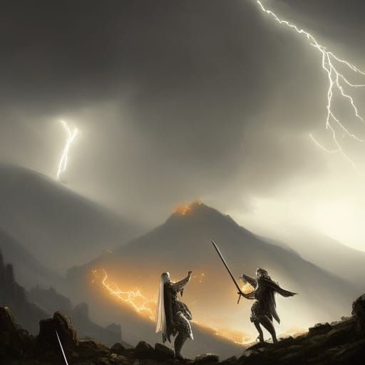 Medieval Knights Duel on Mountain in Hyperrealism