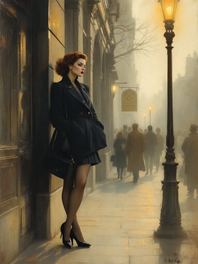 1950s Pin-Up Woman Waits in Foggy City