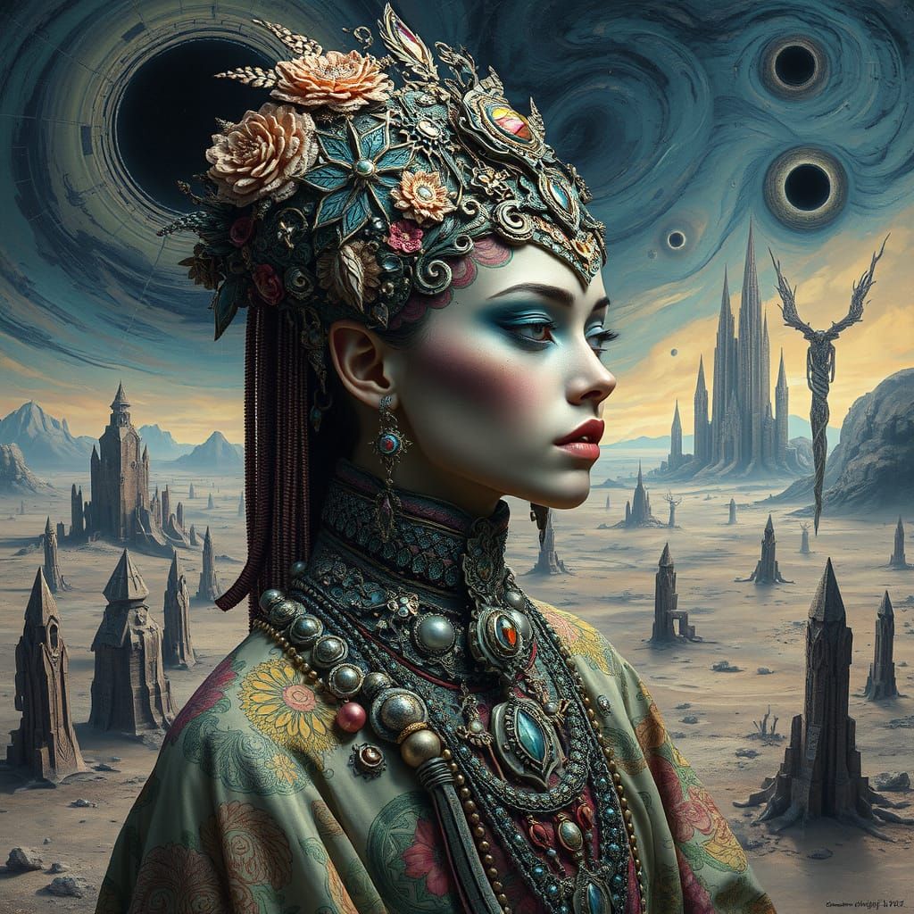 Ethereal Being in Surreal Landscape: Hyperrealistic Portrait