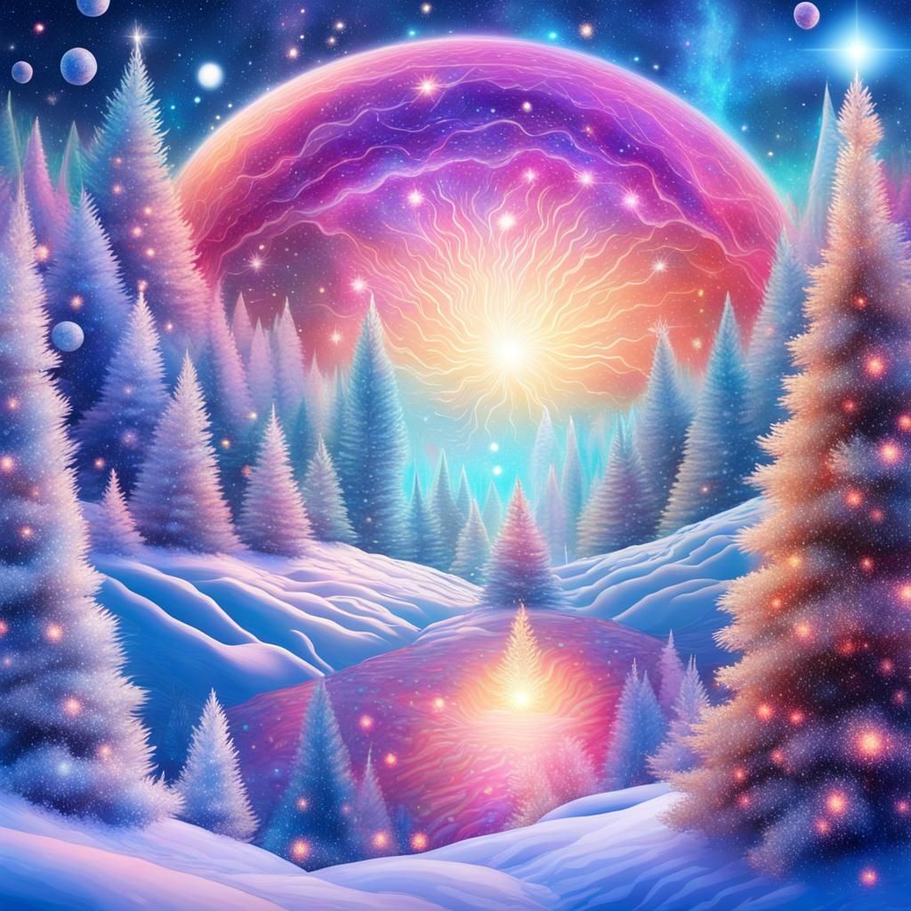 Cosmic Dreamland: Snow and Christmas Trees in Holo-Art