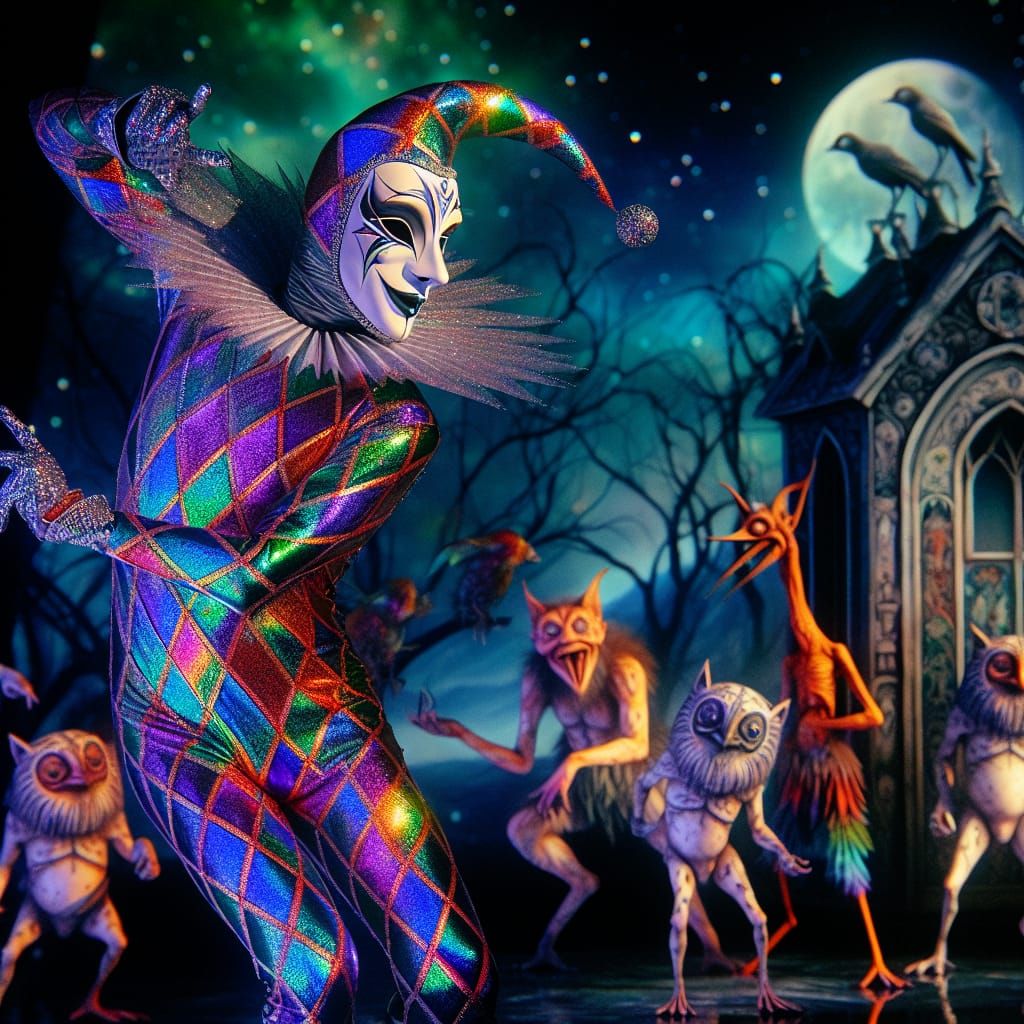Iridescent Harlequin Dance Under a Surreal Sky