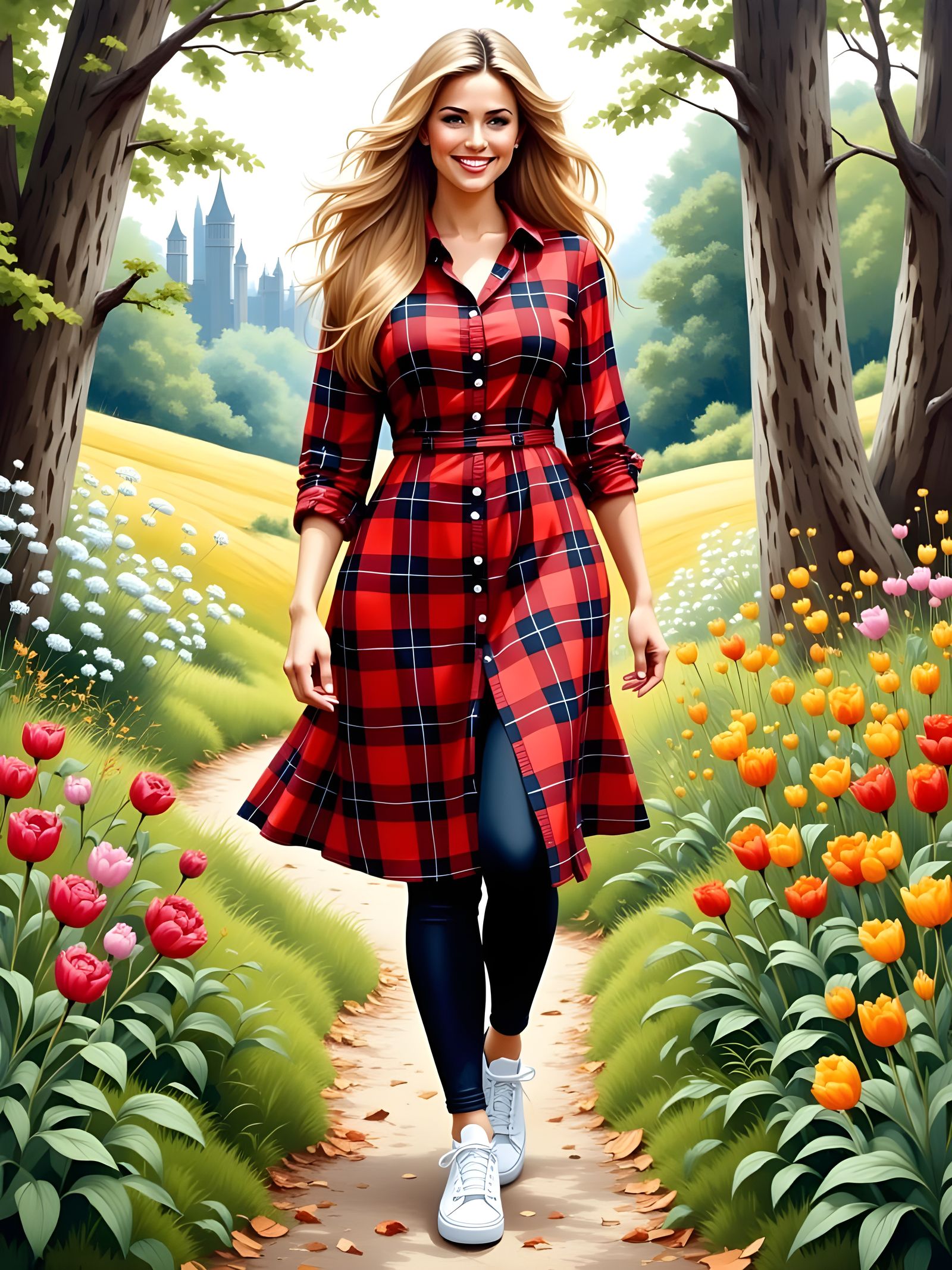 Woman in Plaid Dress: Mucha, Potter, Miyazaki Style