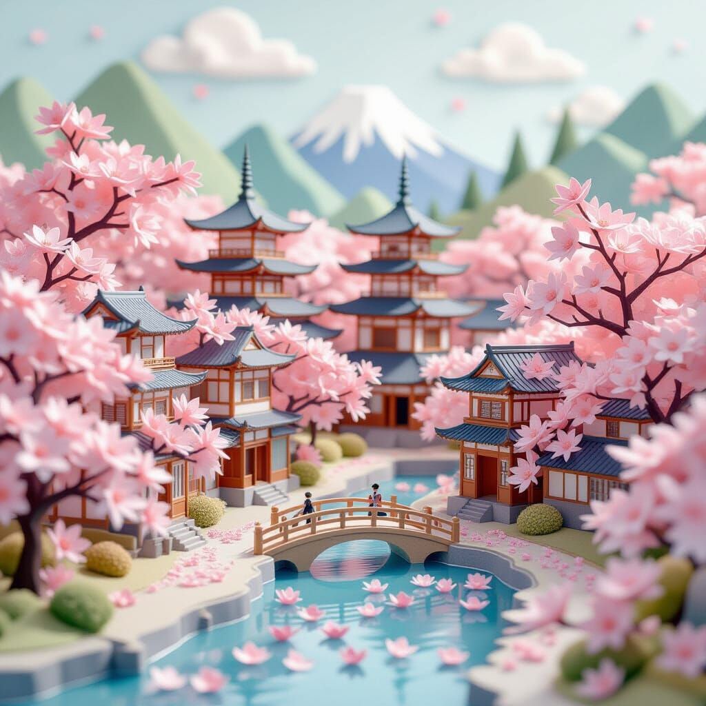 Miniature Origami City with Cherry Blossoms
