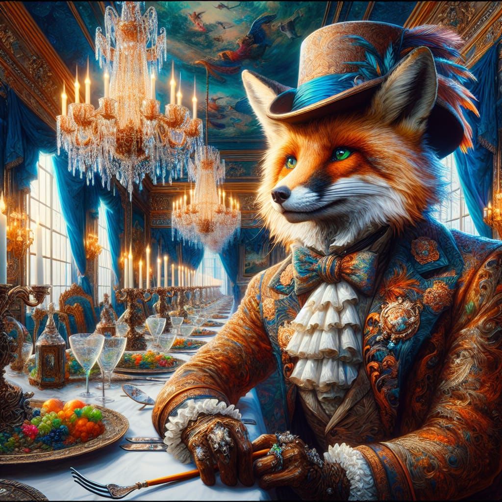 Anthropomorphic Fox in Tuxedo at Baroque Dinner Party