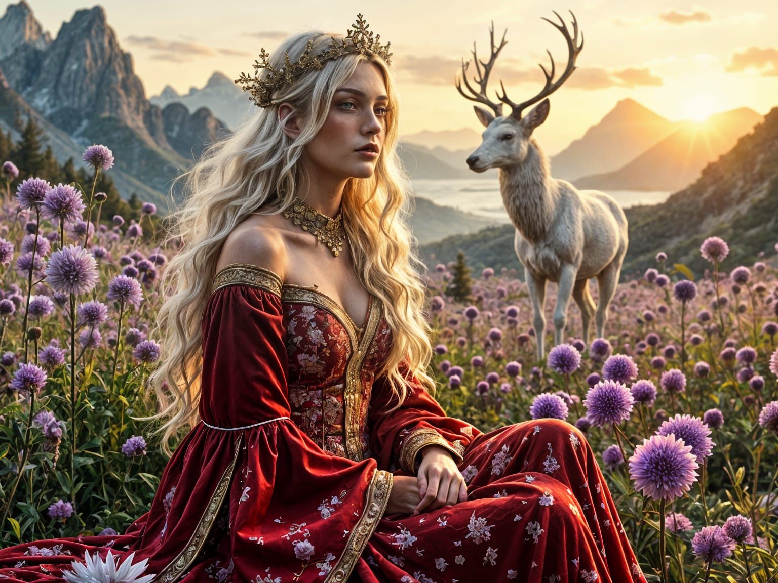 Ethereal Oracle and White Stag in Sunset Field