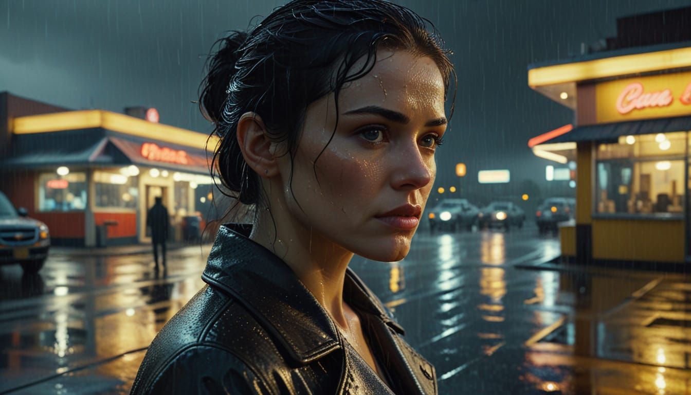 Noir Woman in Rainy Diner Scene