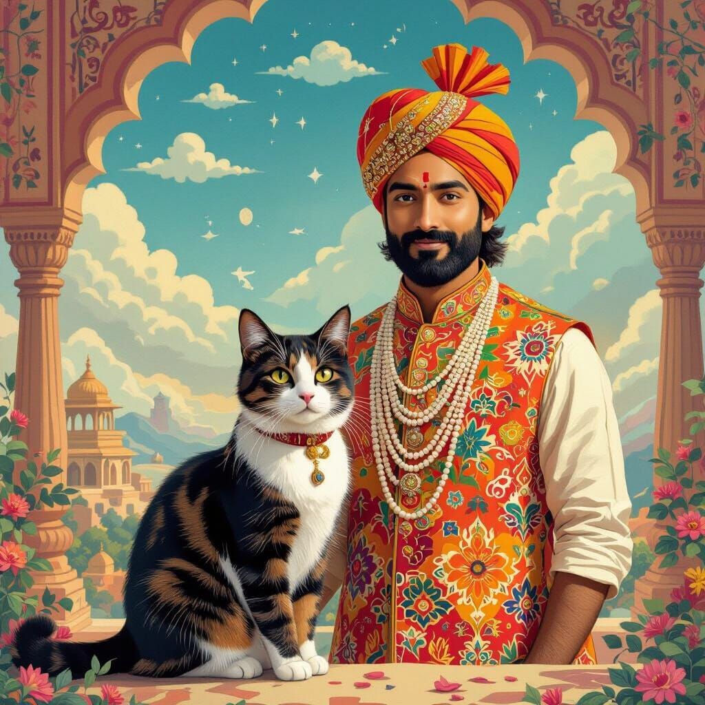 Cat and Man in Indian Dress in Wonder World