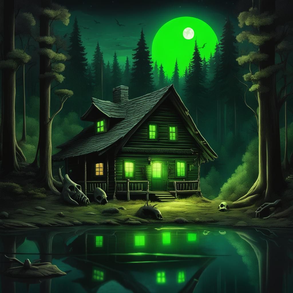 Creepy Cabin in Forest at Night with Orcs