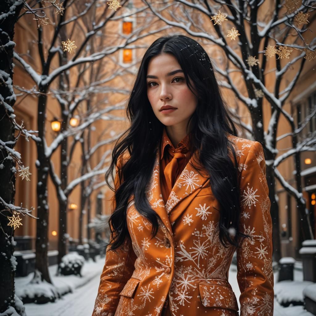 Art Nouveau Girl in Orange Suit at Christmas