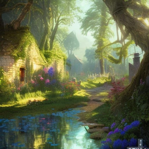 Cottagecore Village by River in Dark Fantasy Style