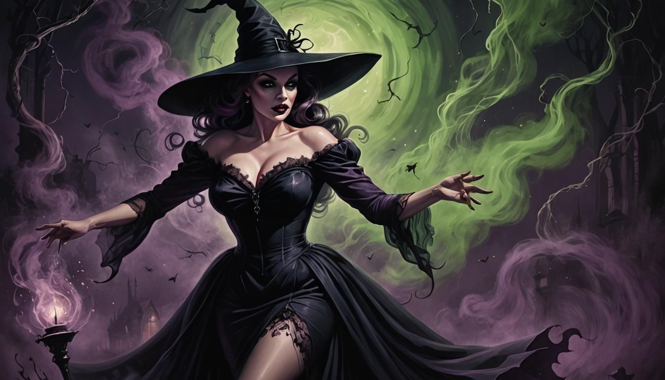 Curvaceous Witch Pinup in Film Noir Style