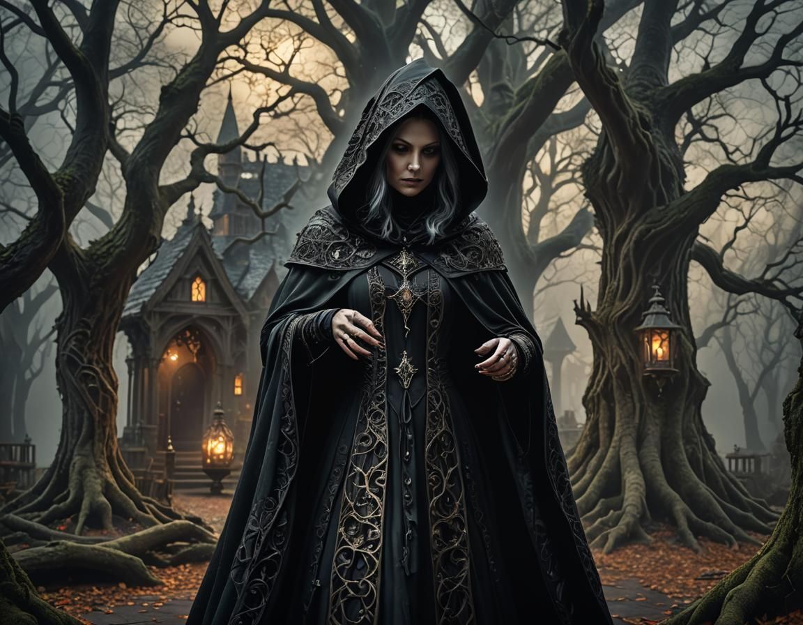 Gothic Witch Brewing Potions in Fractal Fantasy World