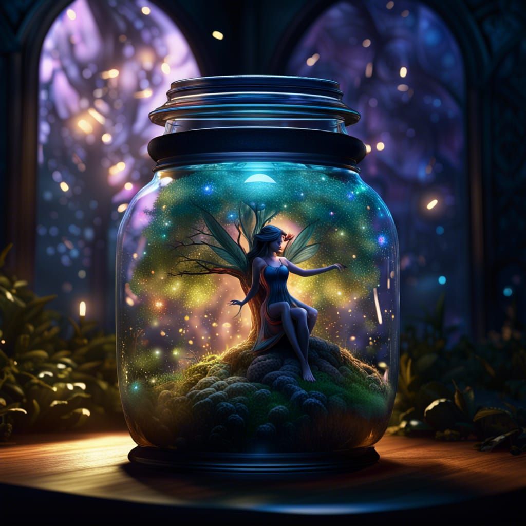 Fairy in Glass Jar with Magical Tree in Dark Fantasy Style