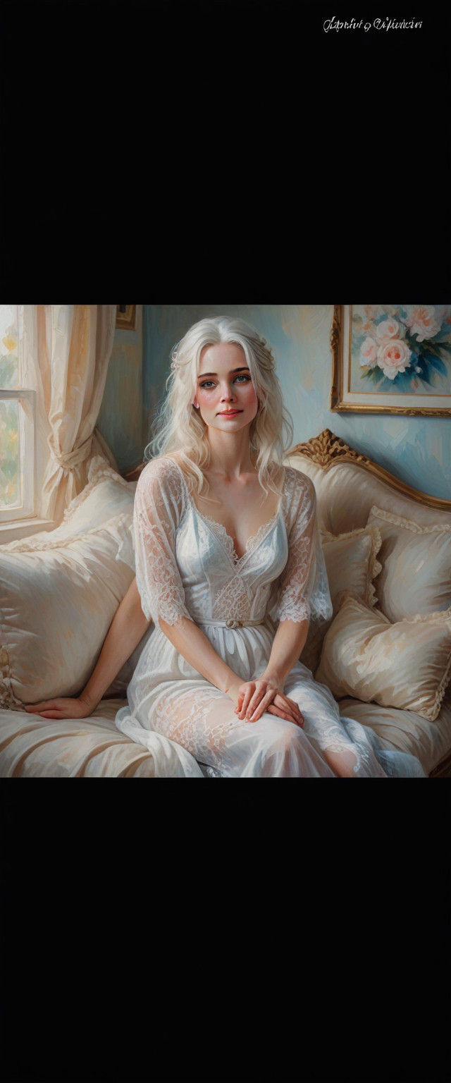 Sultry Oil Painting Close-Up of a Blonde Woman in White Ling...