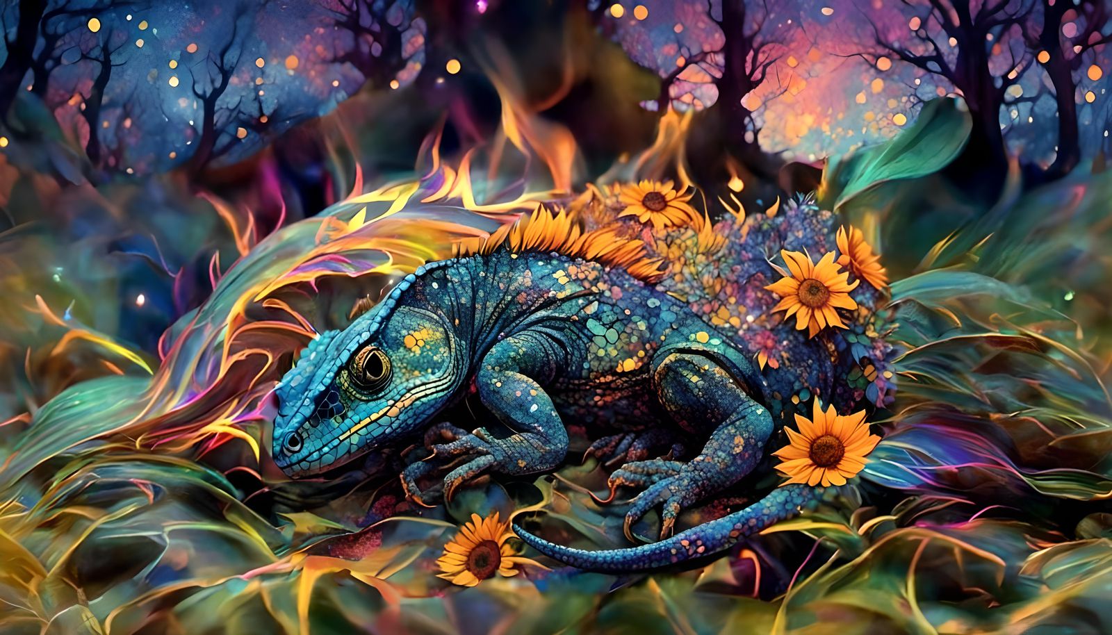 Blacklight Chameleon in Burning Rainforest, Pointillism Styl...