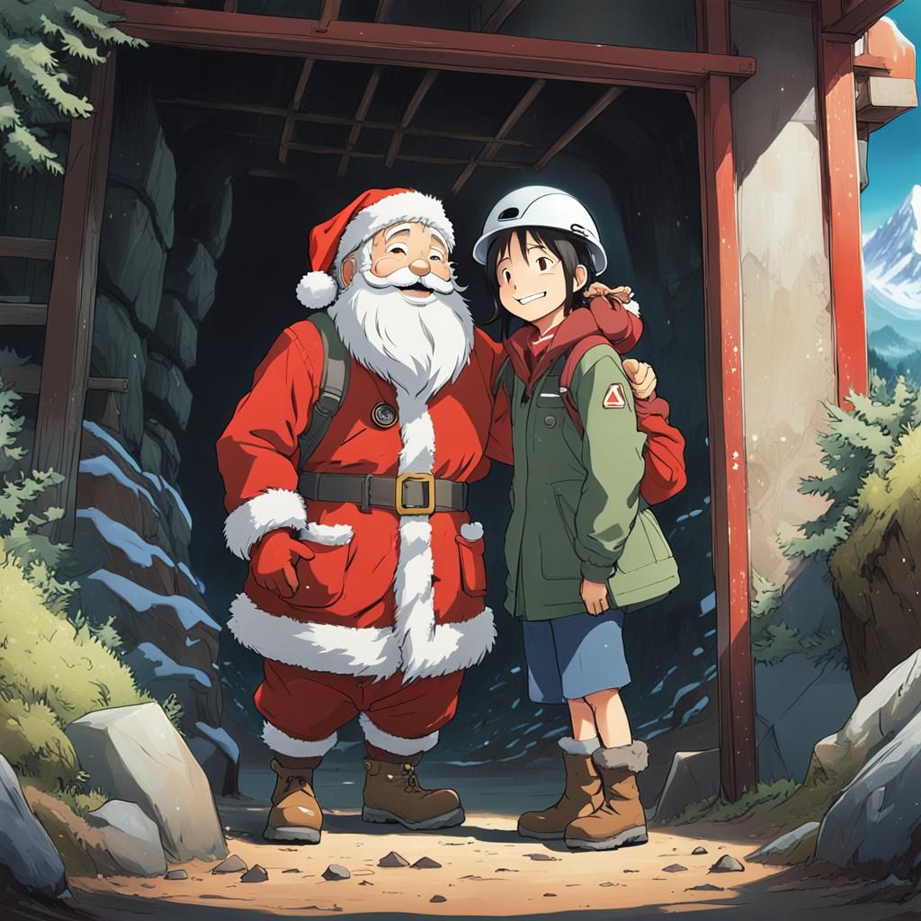Geologist Girl Hugs Santa Claus in Anime Style