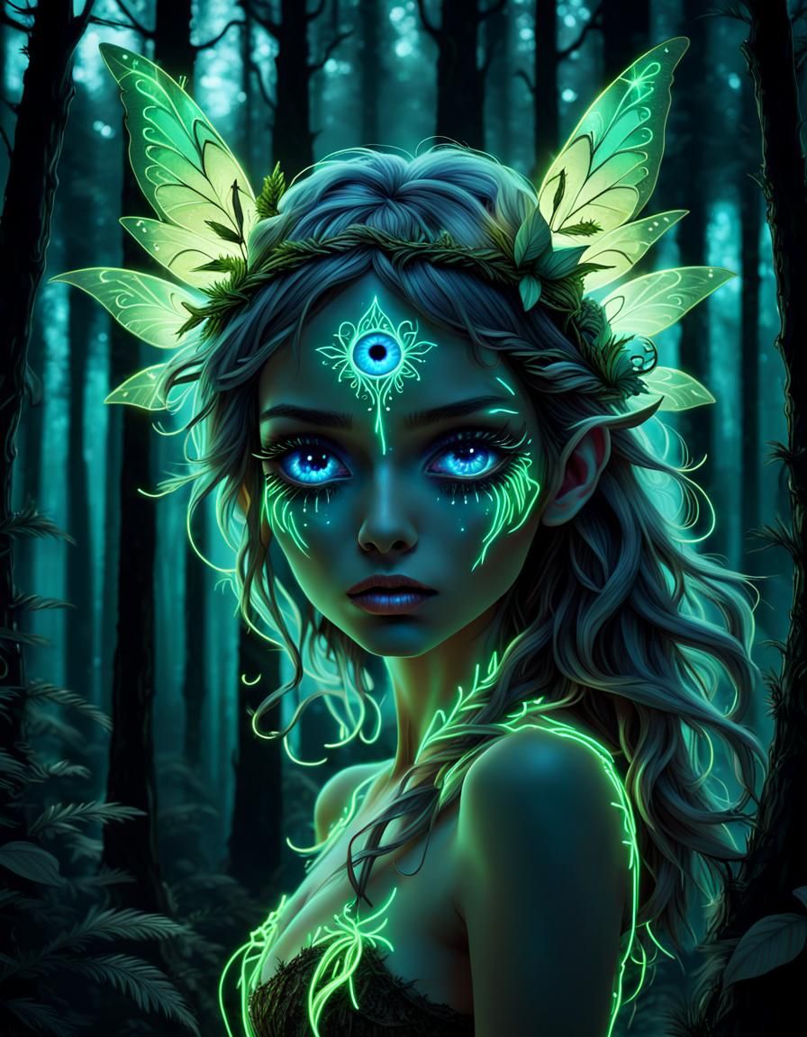 Luminescent Forest Fairy Eye in Neon Silhouette