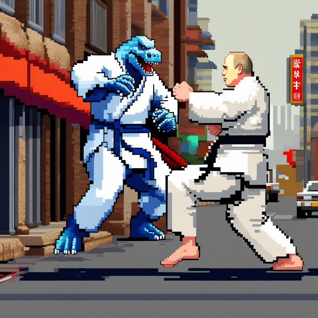Pixel Art: Putin Kicks Godzilla in Mortal Kombat