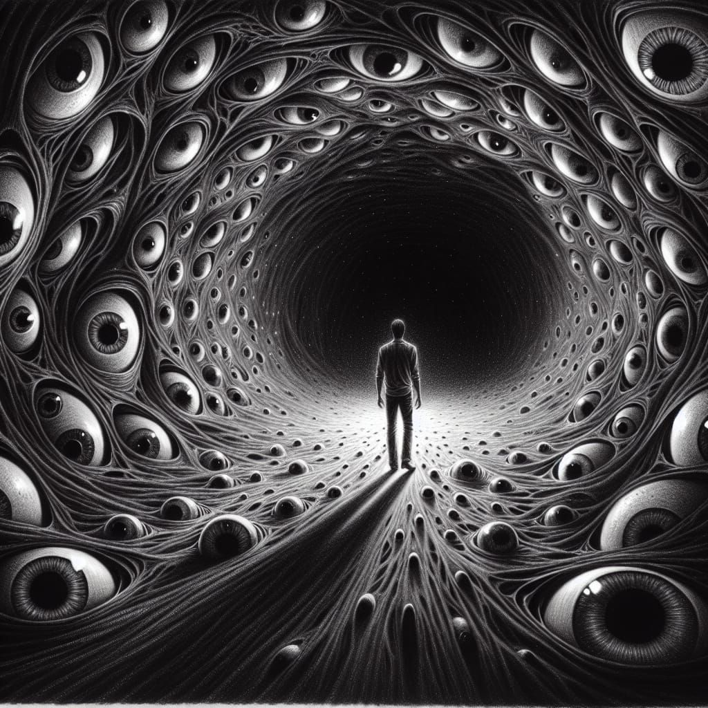 Eerie Void with Eyes and Terrified Man: Pencil Drawing