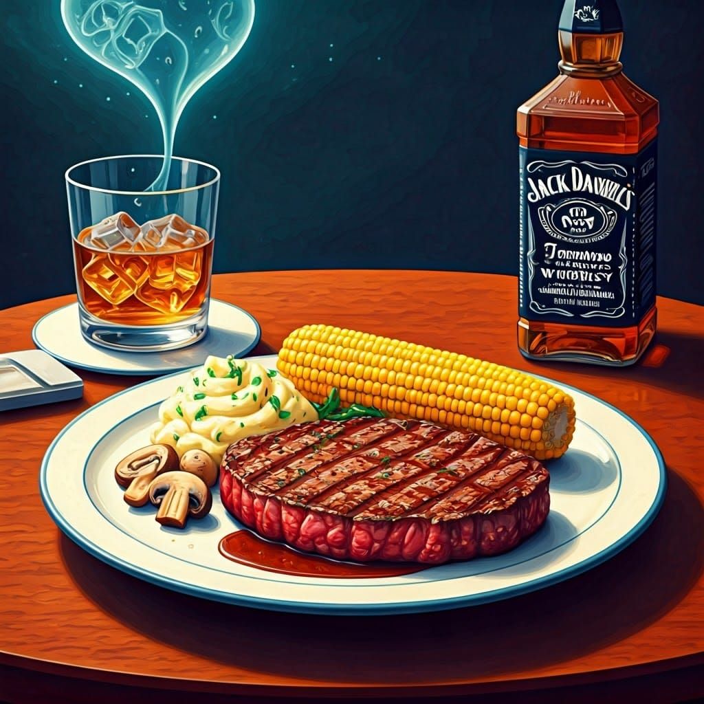 Steak Dinner Still Life in Gouache Painting Style