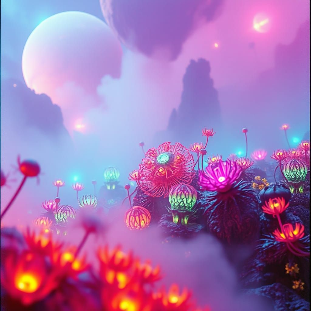Iridescent Alien Landscape with Glowing Lifeforms