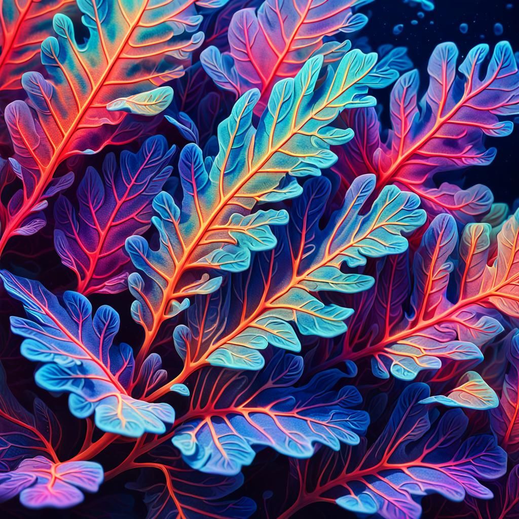 Psychedelic Coral Leaves Underwater in Digital Art