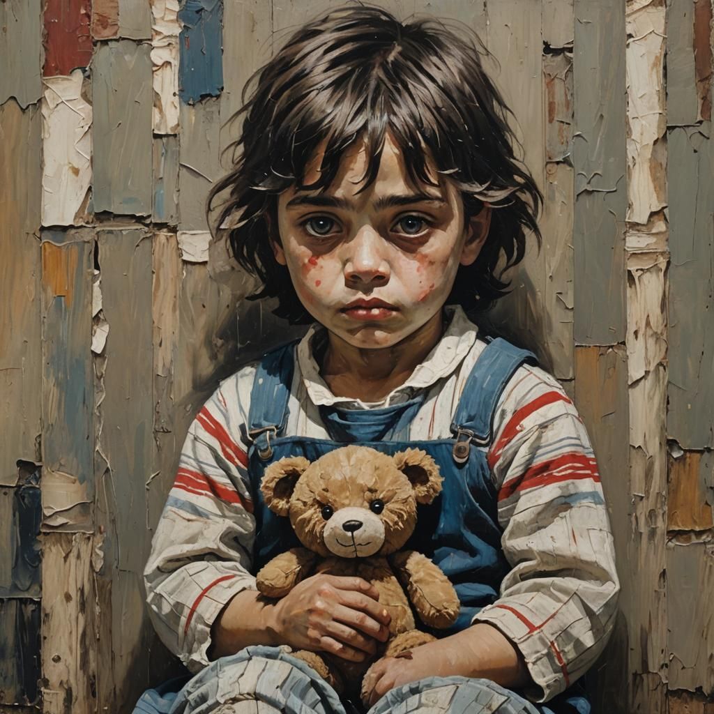 Child with Teddy Bear: Impasto Oil Painting