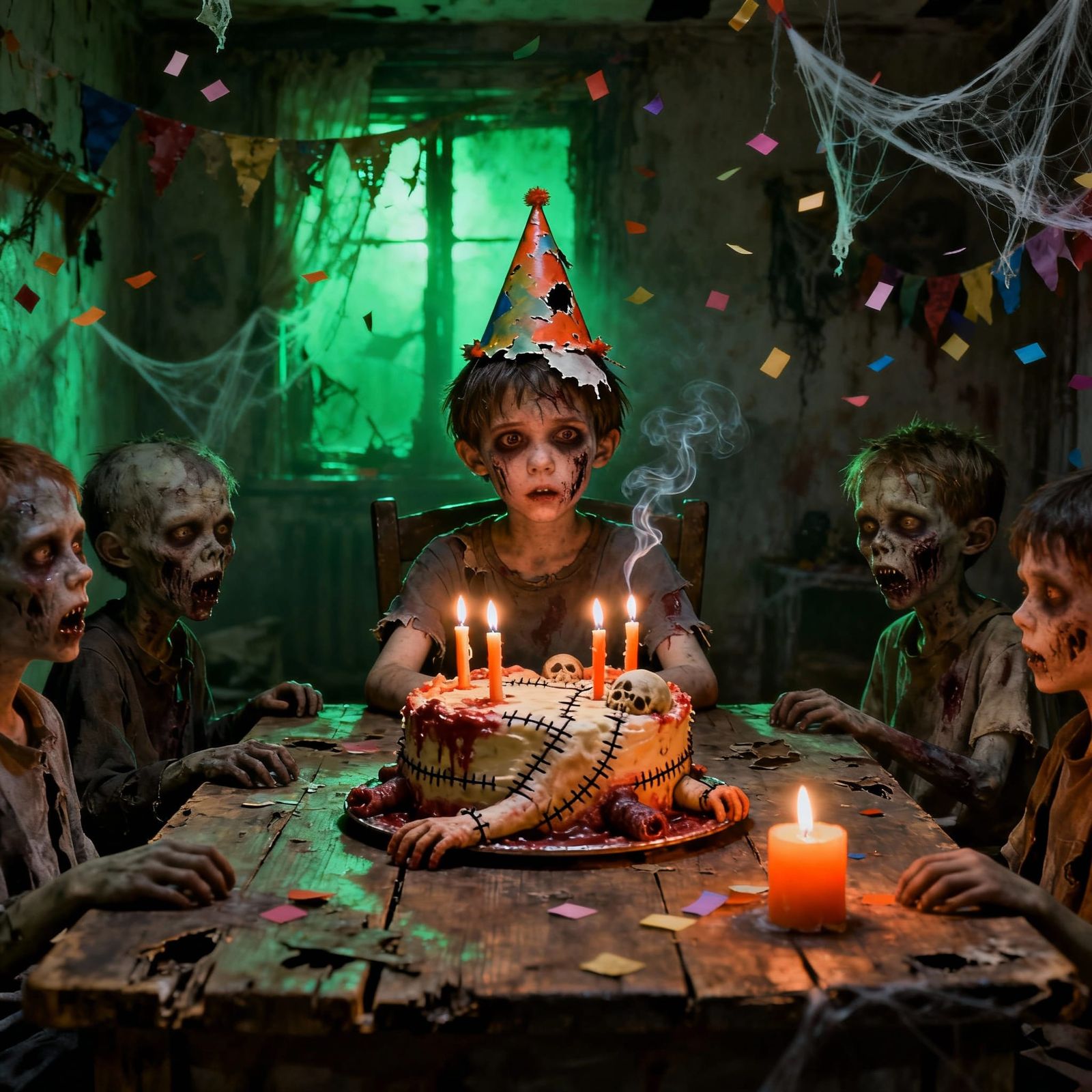 Zombie Child's Macabre Birthday Party in Decrepit Room
